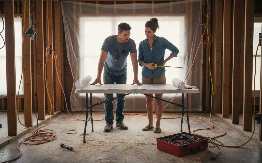 Couple planning amid messy home remodel project