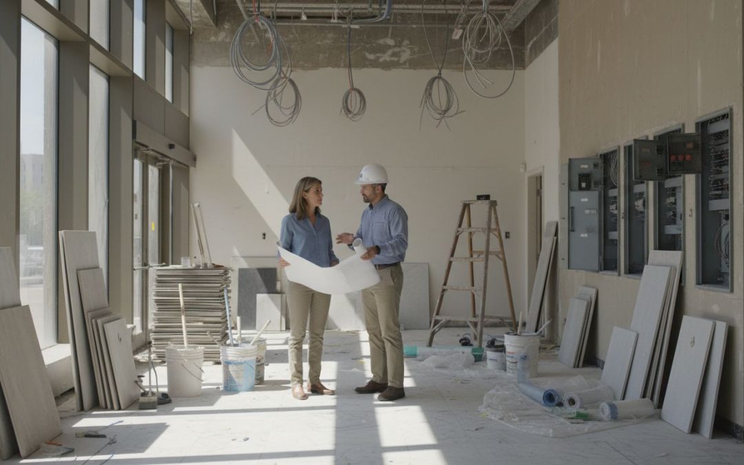 Manager and contractor reviewing lobby renovation