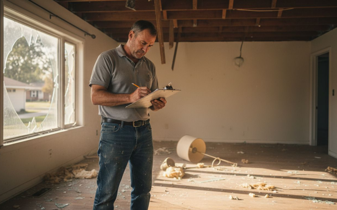 Contractor assessing damaged living room renovation