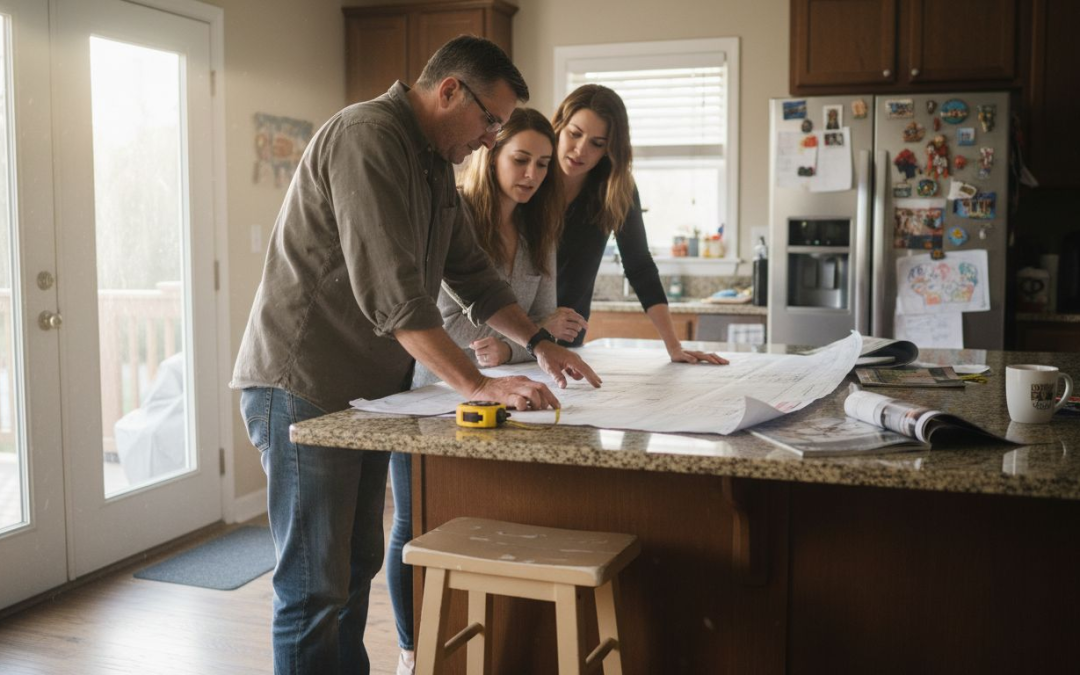 Remodeling team reviewing project plans in kitchen