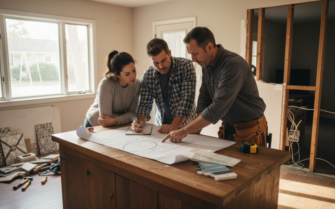 Family and contractor planning kitchen remodel