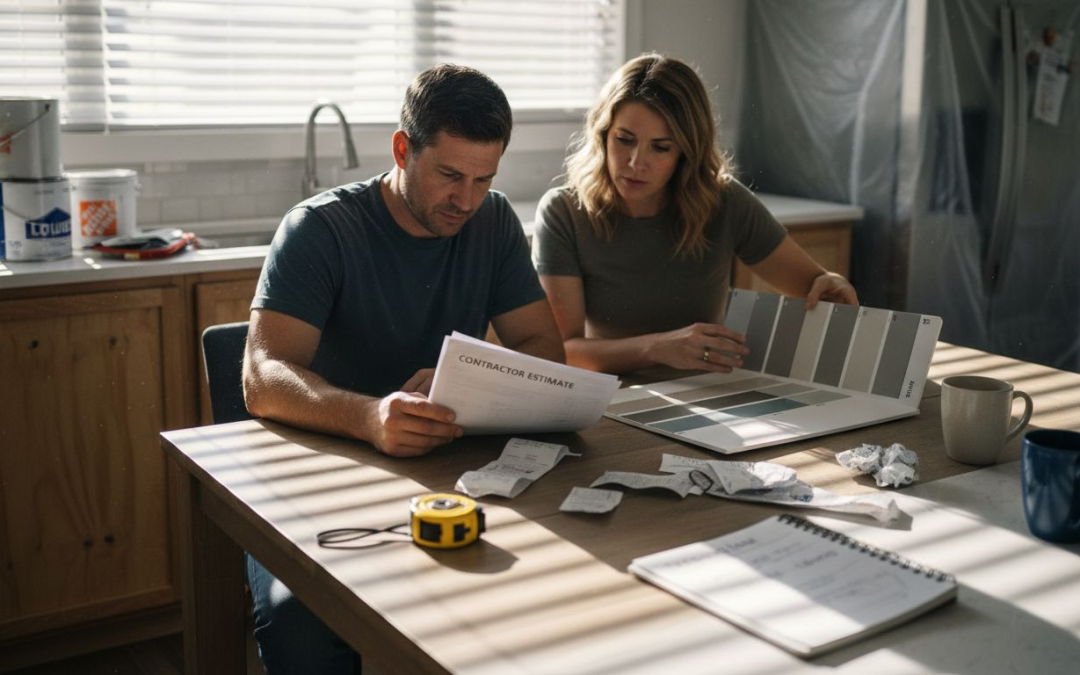 Couple choosing materials in kitchen renovation