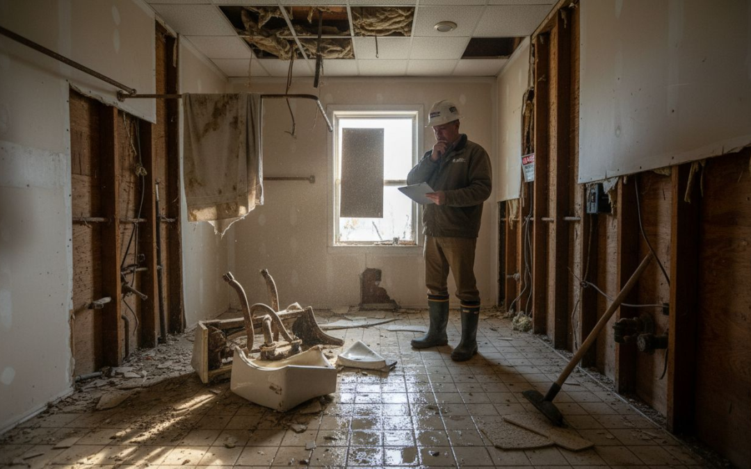 Man assessing storm-damaged bathroom with debris