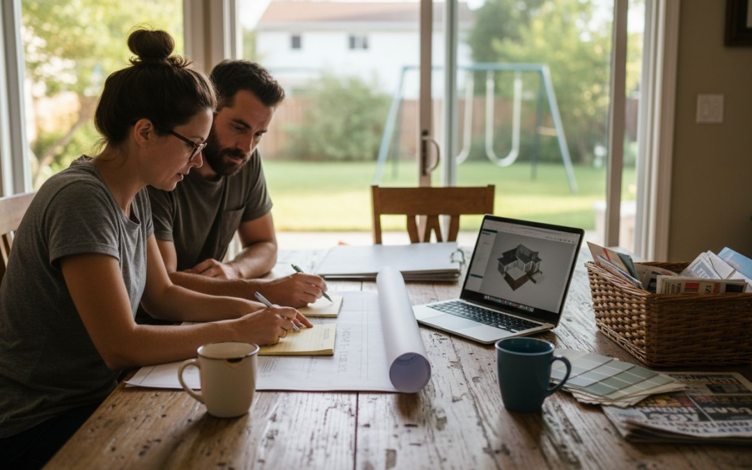 Couple planning home renovation at kitchen table
