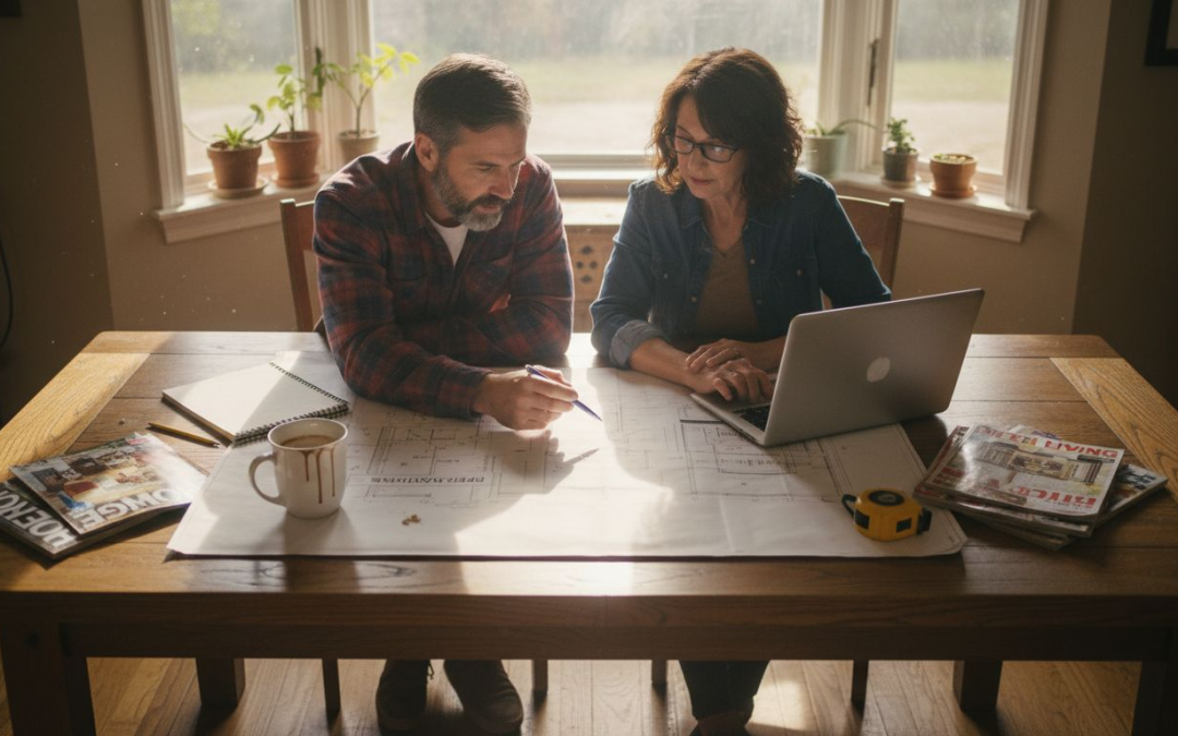 Couple planning home renovation at kitchen table