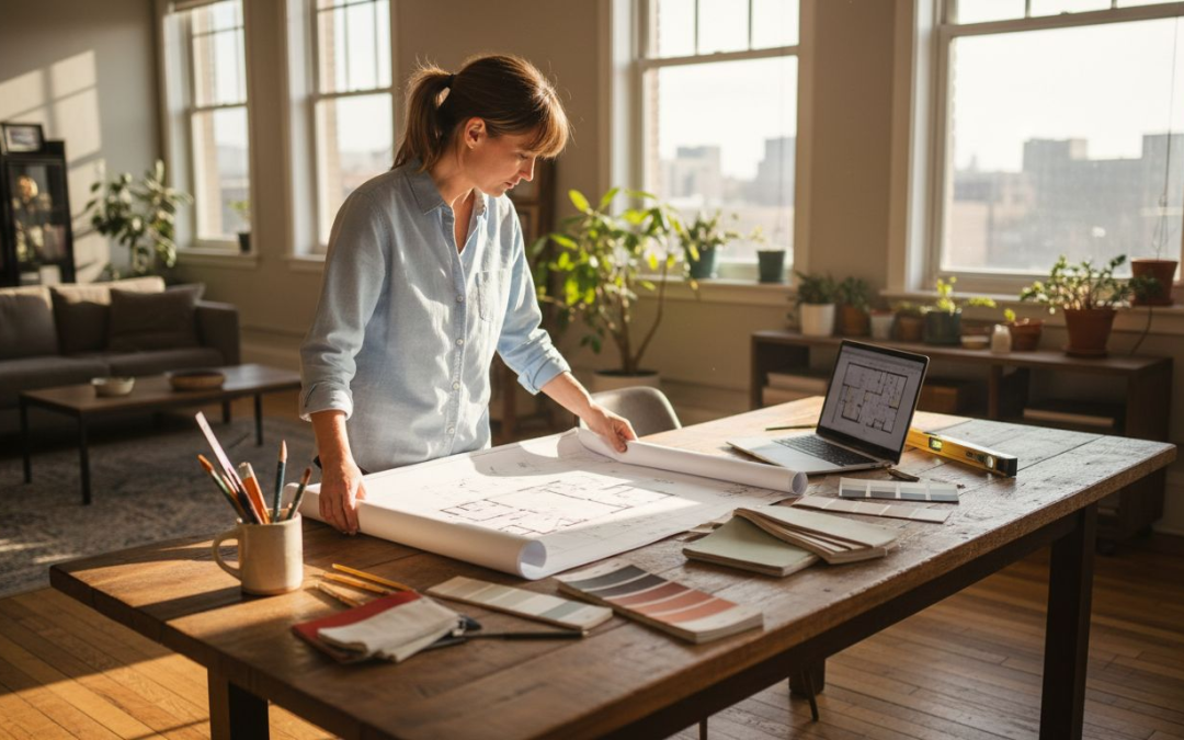 Interior designer reviewing renovation blueprints