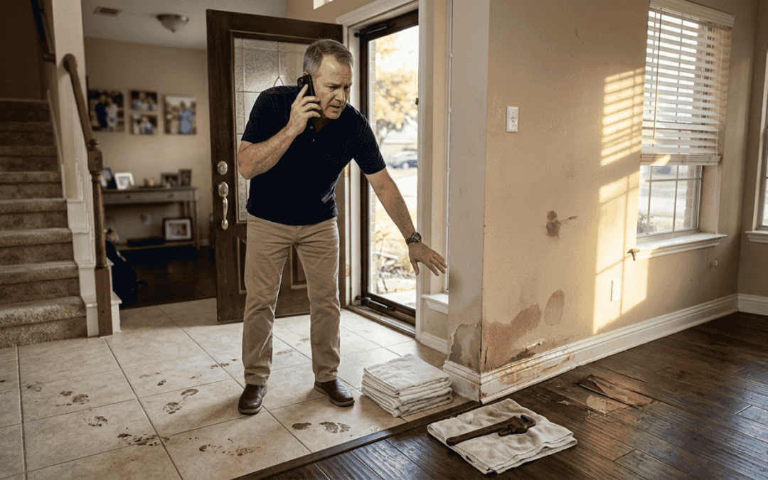 Homeowner checks water damage in Dallas entryway
